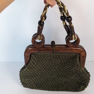 Express Green beaded Crochet Purse with wood